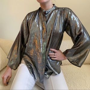 Nili Lotan Silver Metallica Button Up Silk Top XS